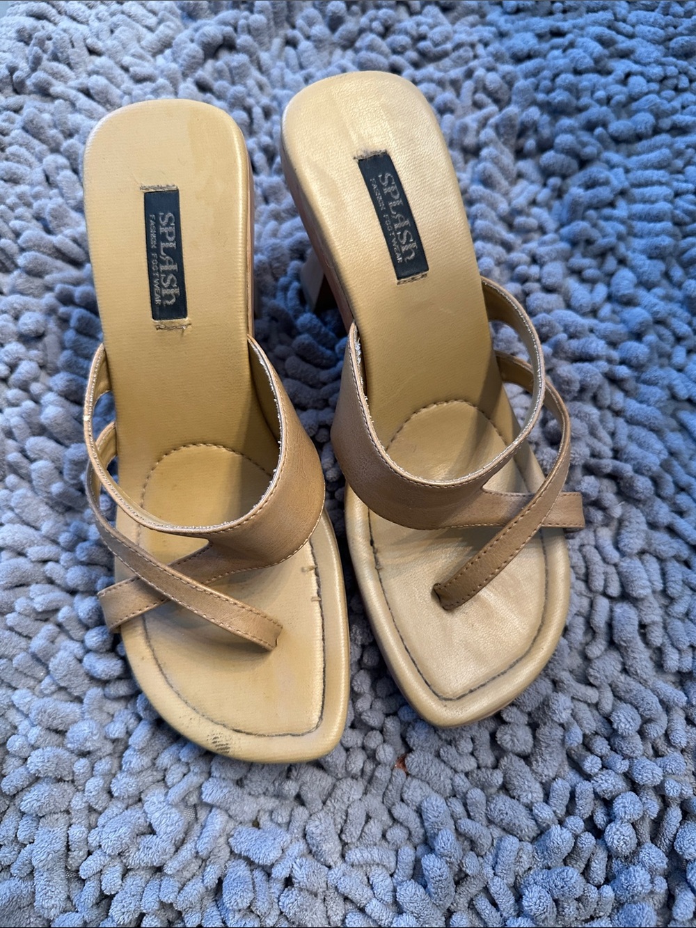 Splash Beige/Tan Strappy Block Heel Mules